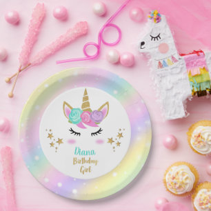 Assiettes En Carton Plaque fille fête d'anniversaire avec licorne et n
