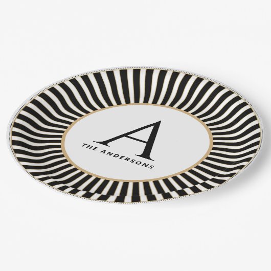 Assiettes En Carton Plaque Monogramme à rayures noir et blanc (Angle)