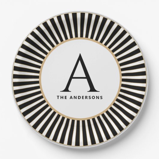 Assiettes En Carton Plaque Monogramme à rayures noir et blanc (Devant)