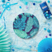Assiettes En Carton Plaque Motif Tropical Green Blue Feuille (Fête)