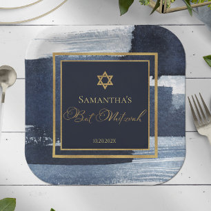 Assiettes En Carton Plaque papier bat mitzvah   Aquarelle bleu Abstrai