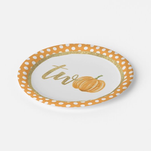 Assiettes En Carton Plaque papier Citrouille 2e anniversaire - Dots or (Angle)