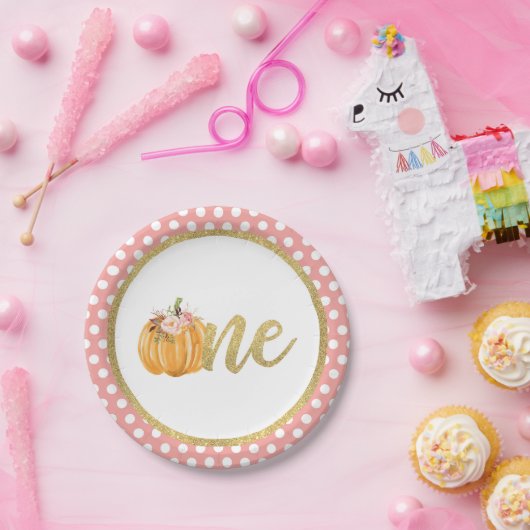 Assiettes En Carton Plaque papier citrouille d'anniversaire - Pois ros (Fête)