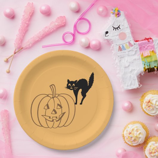 Assiettes En Carton Plaque papier - Citrouille et chat noir (Fête)