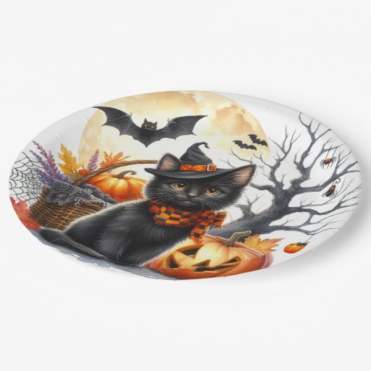 Assiettes En Carton Plaque papier citrouille et Chat noir Halloween Pa (Angle)