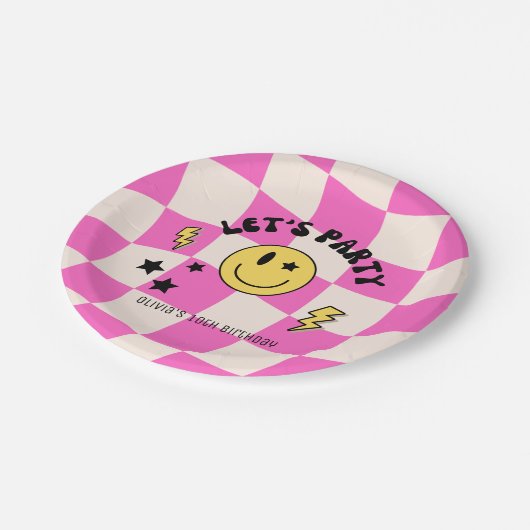 Assiettes En Carton Plaque papier d'anniversaire rétro rose chaud Prep (Angle)