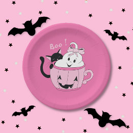 Assiettes En Carton Plaque papier d'Halloween rose éffrayante - Chat F