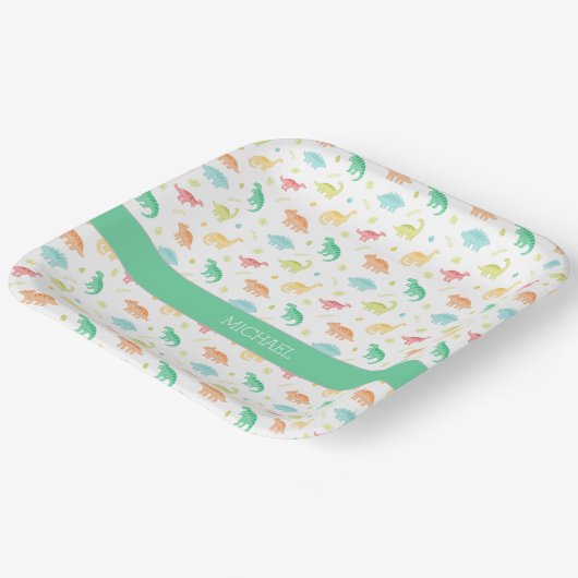 Assiettes En Carton Plaque papier Dinosaure personnalisée - bleu vert (Angulaire)