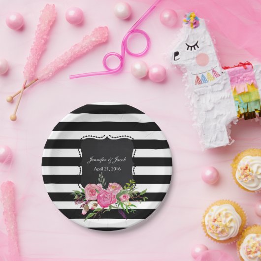 Assiettes En Carton Plaque papier Mariage à rayures et pivoines (Fête)