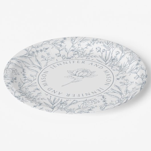 Assiettes En Carton Plaque papier mariage bleu rose à motif floral (Angle)