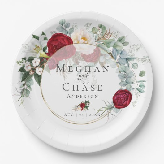 Assiettes En Carton Plaque papier mariage | Bouquet Red Peony vibrant (Devant)