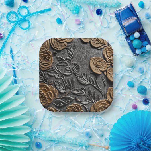 Assiettes En Carton Plaque papier mariage en cuir et Rose 3d (Fête)