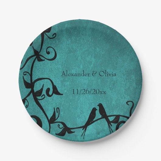 Assiettes En Carton Plaque papier Mariage Lovebirds turquoise (Devant)
