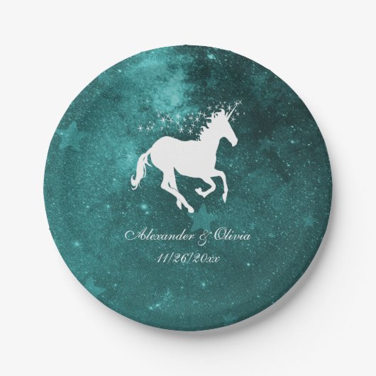 Assiettes En Carton Plaque papier Mariage Unicorne turquoise (Devant)