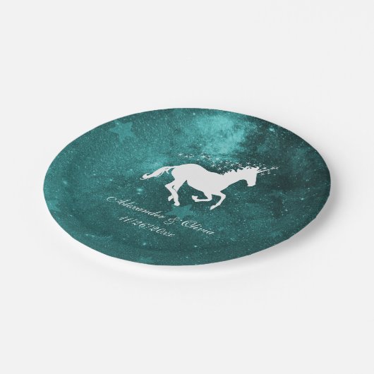Assiettes En Carton Plaque papier Mariage Unicorne turquoise (Angle)