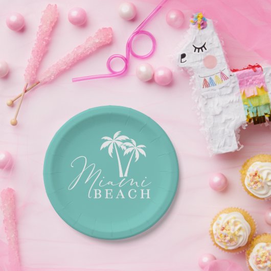 Assiettes En Carton Plaque papier moderne Miami Beach Palm Tree (Fête)