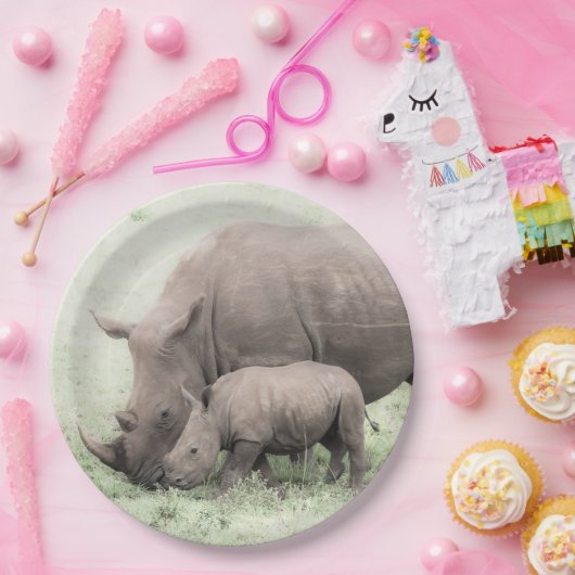 Assiettes En Carton Plaques à papier blanches de rhinocéros et de bébé (Fête)