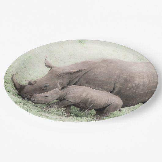 Assiettes En Carton Plaques à papier blanches de rhinocéros et de bébé (Angle)