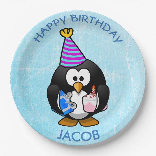 Assiettes En Carton Plaques à papier bleues de pingouin de joyeux (Devant)