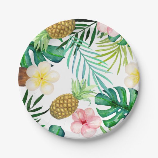Assiettes En Carton Plaques à papier d'ananas tropical avec des paumes (Devant)