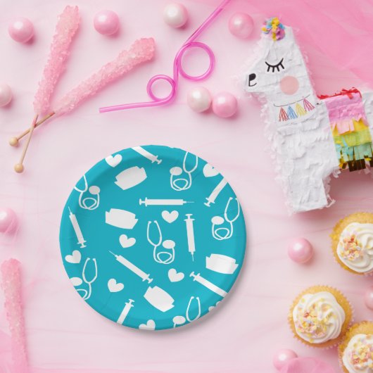 Assiettes En Carton Plaques à papier de joli thème d'infirmière bleues (Fête)
