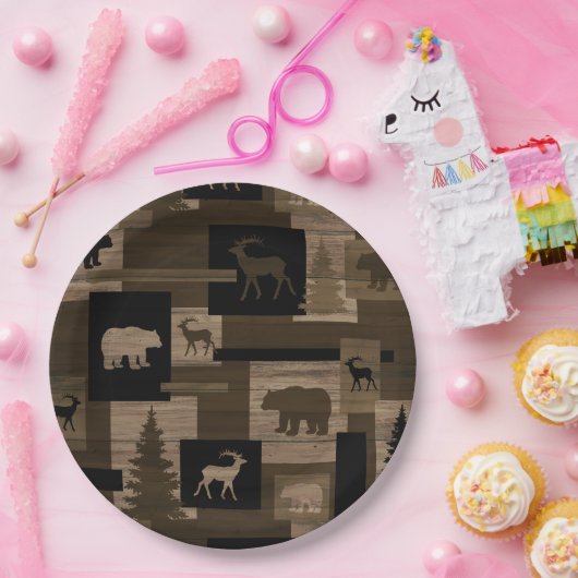Assiettes En Carton Plaques à papier d'ours de motif en bois rustique (Fête)