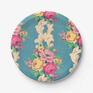 Assiettes En Carton Plaques à papier vintages de tissu de roses et de