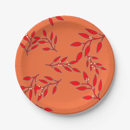 Assiettes En Carton Plaques avec baies et Feuilles sur Orange (Devant)