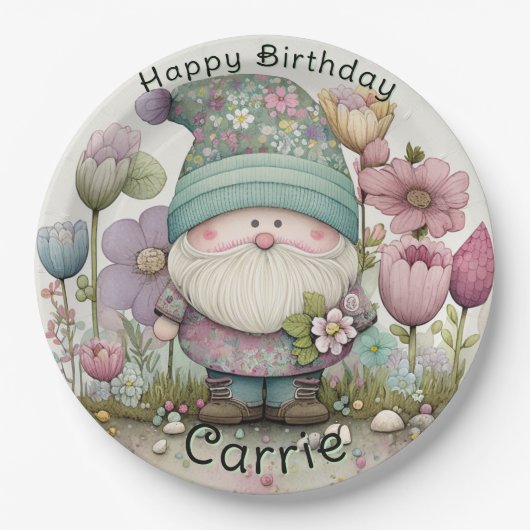 Assiettes En Carton Plaques d'anniversaire Gnome, personnalisées (Devant)