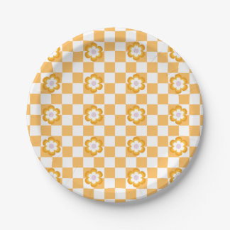 Assiettes En Carton Plaques de À damiers jaune rétro et de fleur