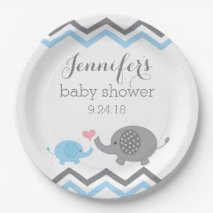 Assiettes En Carton Plaques de Baby shower éléphant   Blue Grey Chevro
