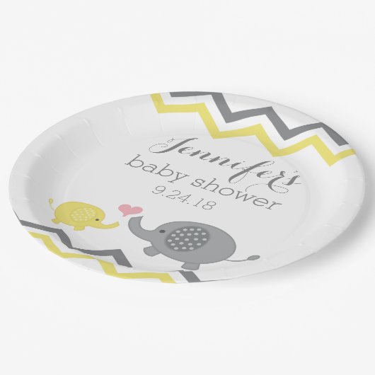 Assiettes En Carton Plaques de Baby shower éléphant | Chevron gris jau (Angle)