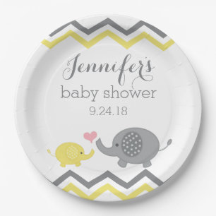 Assiettes En Carton Plaques de Baby shower éléphant   Chevron gris jau