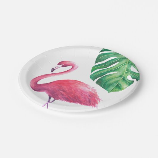 Assiettes En Carton Plaques de fête Feuille Flamant rose et Tropical (Angle)