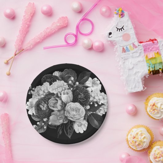 Assiettes En Carton Plaques de papier à fleurs noir et blanc (Fête)
