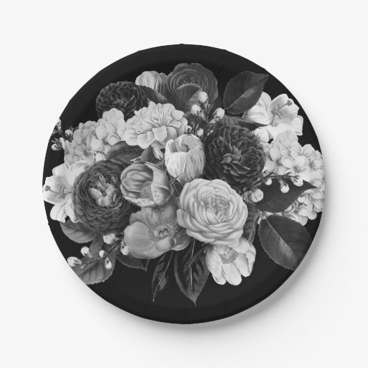 Assiettes En Carton Plaques de papier à fleurs noir et blanc (Devant)