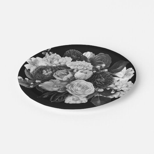 Assiettes En Carton Plaques de papier à fleurs noir et blanc (Angle)