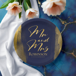 Assiettes En Carton Plaques de papier aquarelle Mariage bleu Abstrai