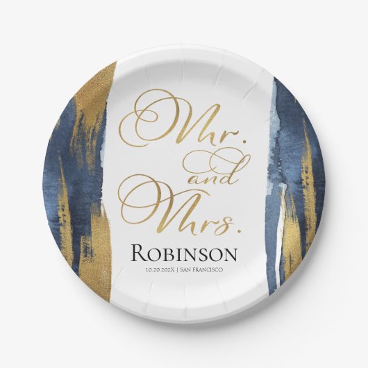 Assiettes En Carton Plaques de papier aquarelle | Mariage bleu Abstrai (Devant)