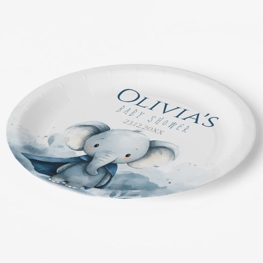 Assiettes En Carton Plaques de papier Baby shower bleu éléphant (Angle)