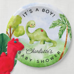Assiettes En Carton Plaques de papier Baby shower Dino Delft<br><div class="desc">Voici notre adorable design baby shower Dino avec une aquarelle captivante illustration de dinosaures et d'arbres. Ce design charmant est parfait pour accueillir votre petit enfant dans le monde. Les couleurs vives et les oeuvres d'art fantaisistes créent une atmosphère délicieuse, donnant le ton pour une fête amusante. Avec son imprimé...</div>