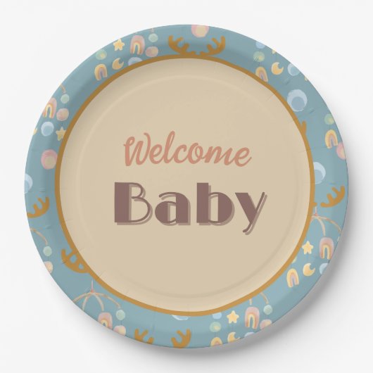 Assiettes En Carton Plaques de papier baby shower rond Moose et Mobile (Devant)