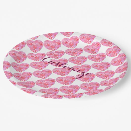 Assiettes En Carton Plaques de papier blanc Patchwork Hearts (Angle)