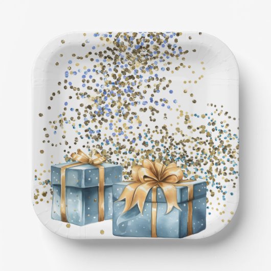 Assiettes En Carton Plaques de papier bleu et or (Recto)
