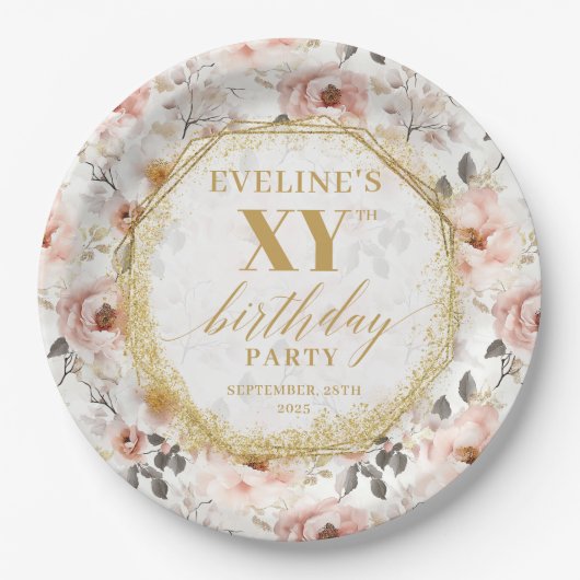 Assiettes En Carton Plaques de papier d'anniversaire en or d'ivoire fl (Devant)