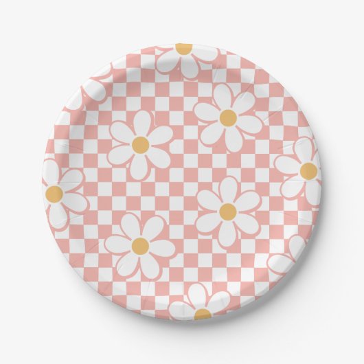 Assiettes En Carton Plaques de papier d'anniversaire rose Retro Checke (Devant)