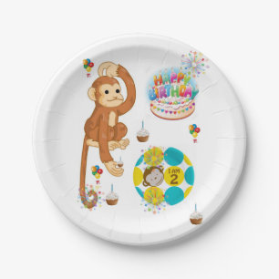 Assiettes En Carton Plaques de papier d'anniversaire, singe, deux ans