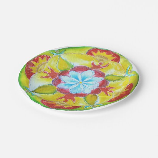 Assiettes En Carton Plaques de papier d'aquarelle rouge mandala jaune (Angle)