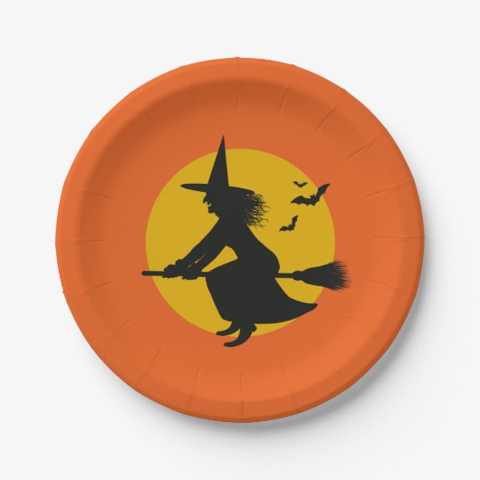 Assiettes En Carton Plaques de papier de sorcière volante d'Halloween (Devant)