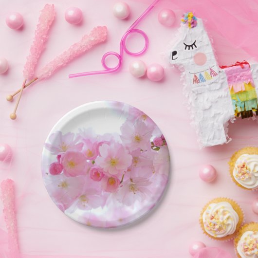 Assiettes En Carton Plaques de papier en fleurs de cerisiers roses pâl (Fête)
